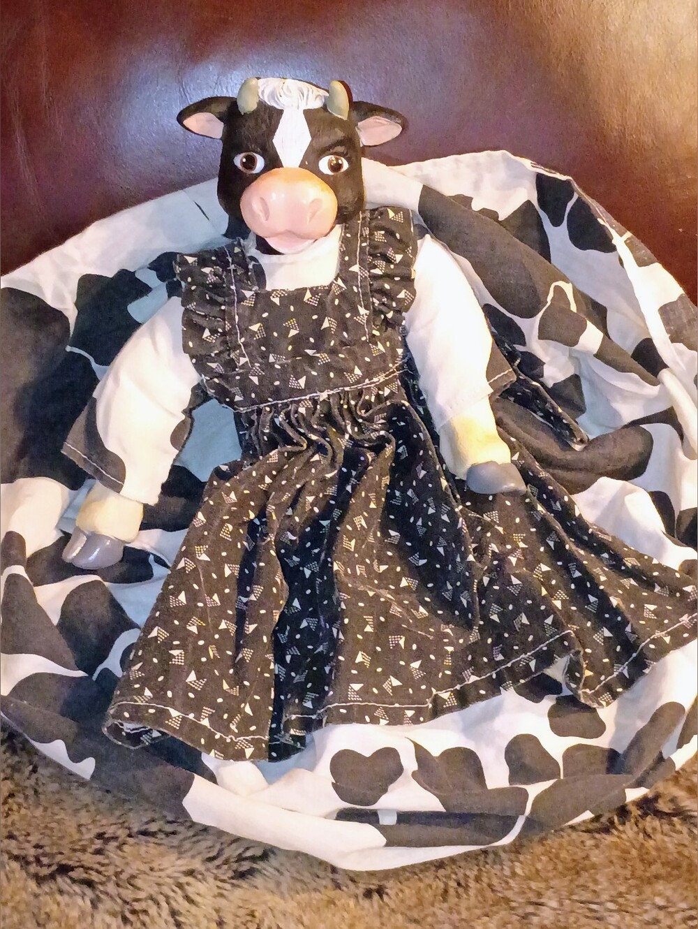 Vintage Black & White Cow Shelf Plush Doll in Black Printed Dress